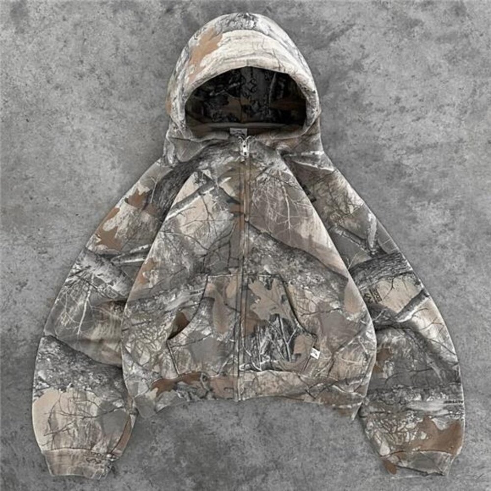 Y2K Retro zip up Hoodie Men Camouflage Pattern zipper Sweatshirt High Street